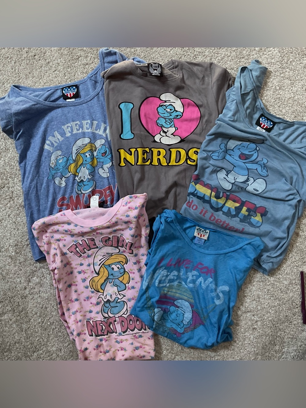Junk Food Clothing Adult Smurfs Graphic Tees - Blue, Pink, Gray, Turquoise S/M